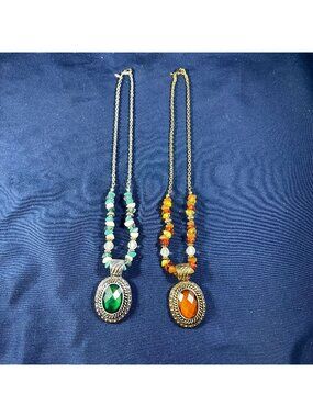 Vintage-Style Beaded Necklaces With Faceted Green & Orange Gemstone Pendants Sil